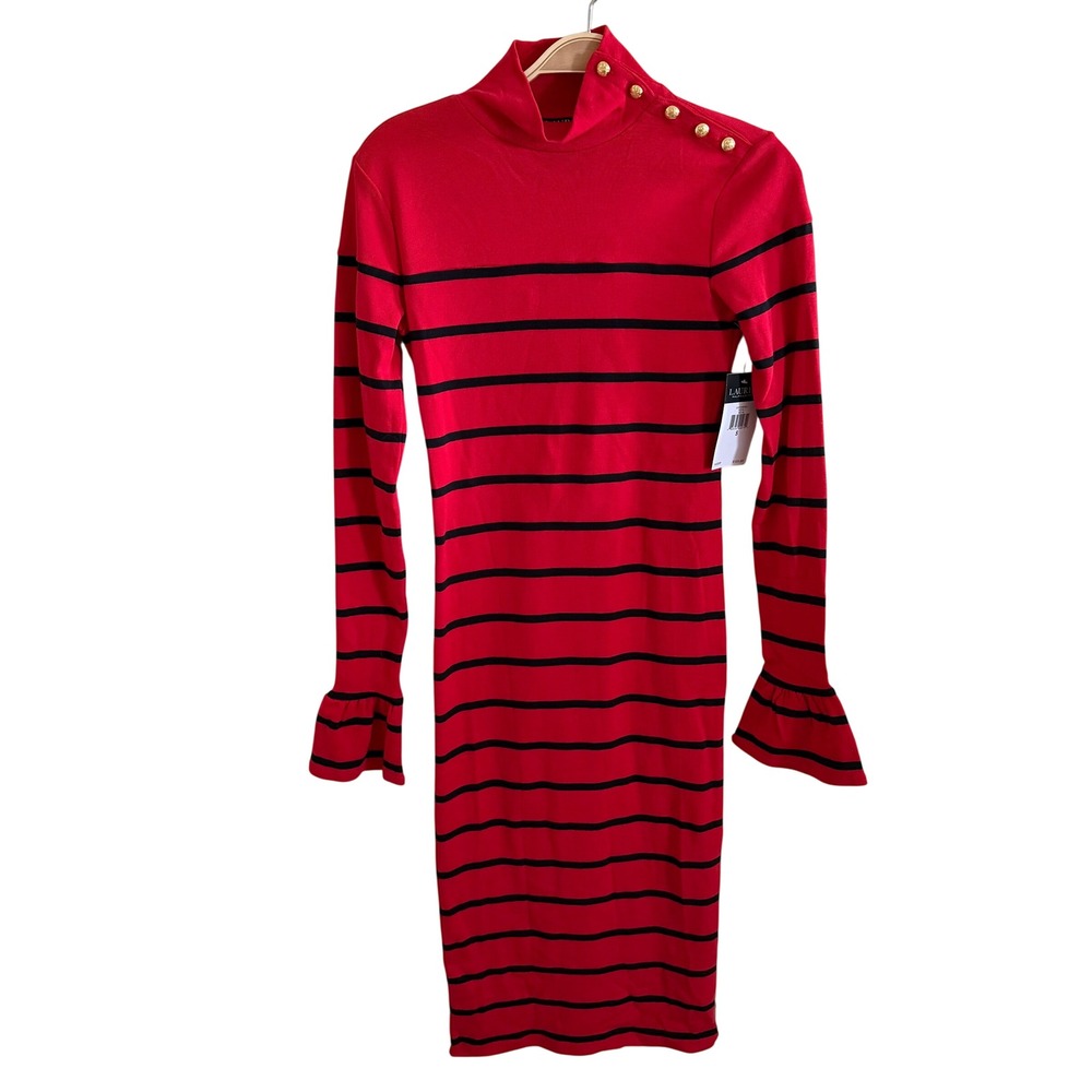 Lauren Ralph Lauren Red Black‎ Striped Mock Neck Ruffle Cuff Sheath Dress Small